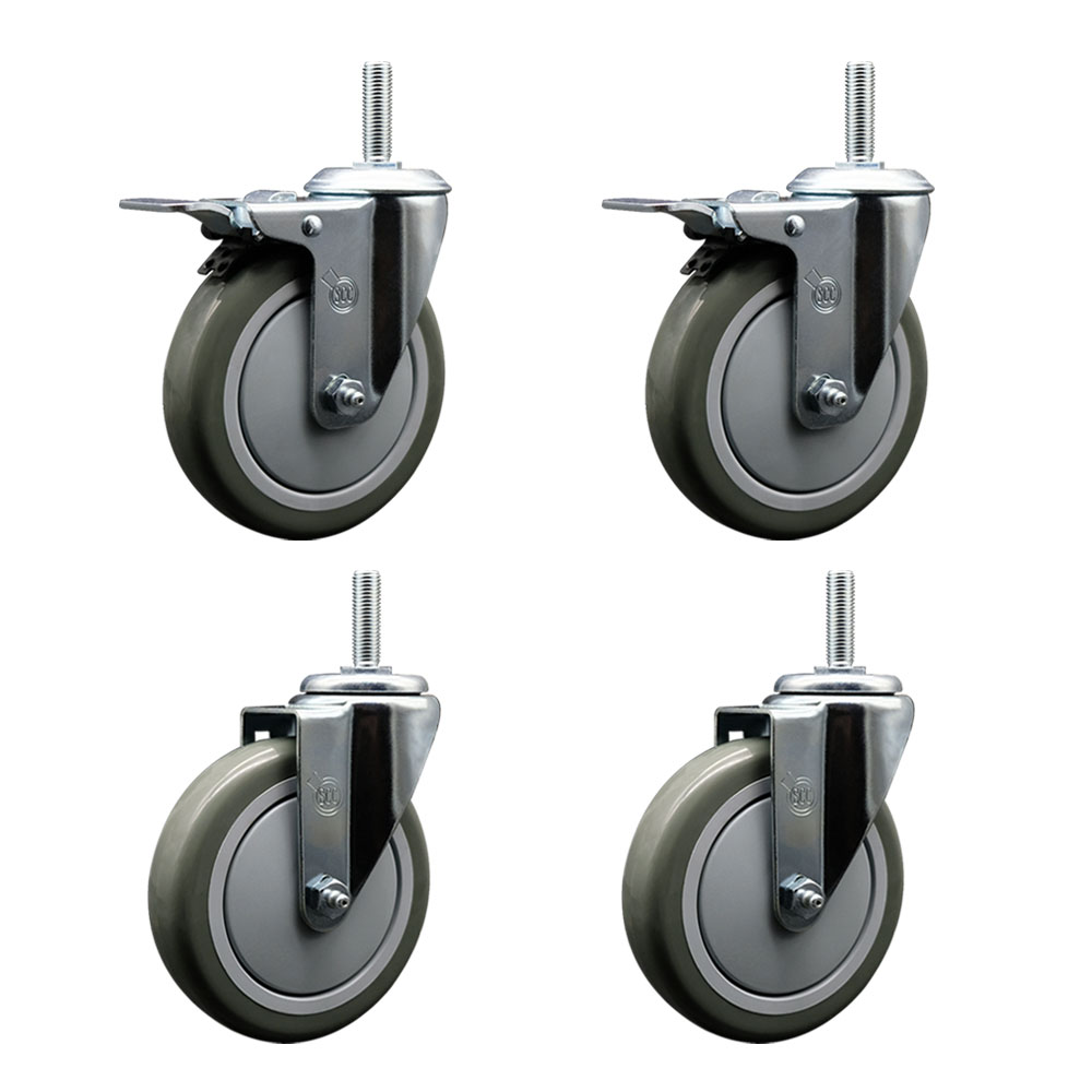Polyurethane Swivel Threaded Stem Caster Set of 4 w/5" x 1.25" Gray Wheels and 3/4" Stems - Includes 2 with Total Locking Brake - 1400 lbs Total Capacity - Service Caster Brand — photo 1