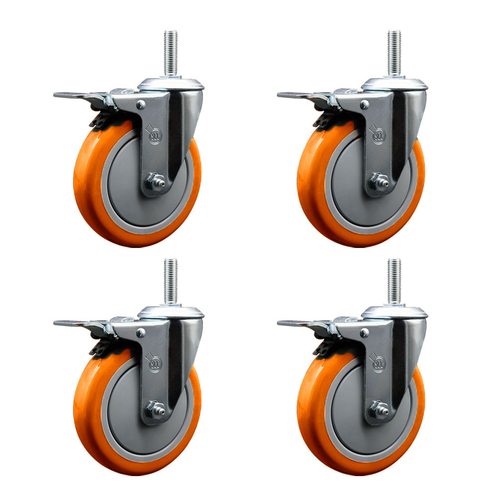 Polyurethane Swivel Threaded Stem Caster Set of 4 w/5" x 1.25" Orange Wheels and 5/8" Stems - Includes 4 with Total Lock Brakes - 1400 lbs Total Capacity - Service Caster Brand — photo 1