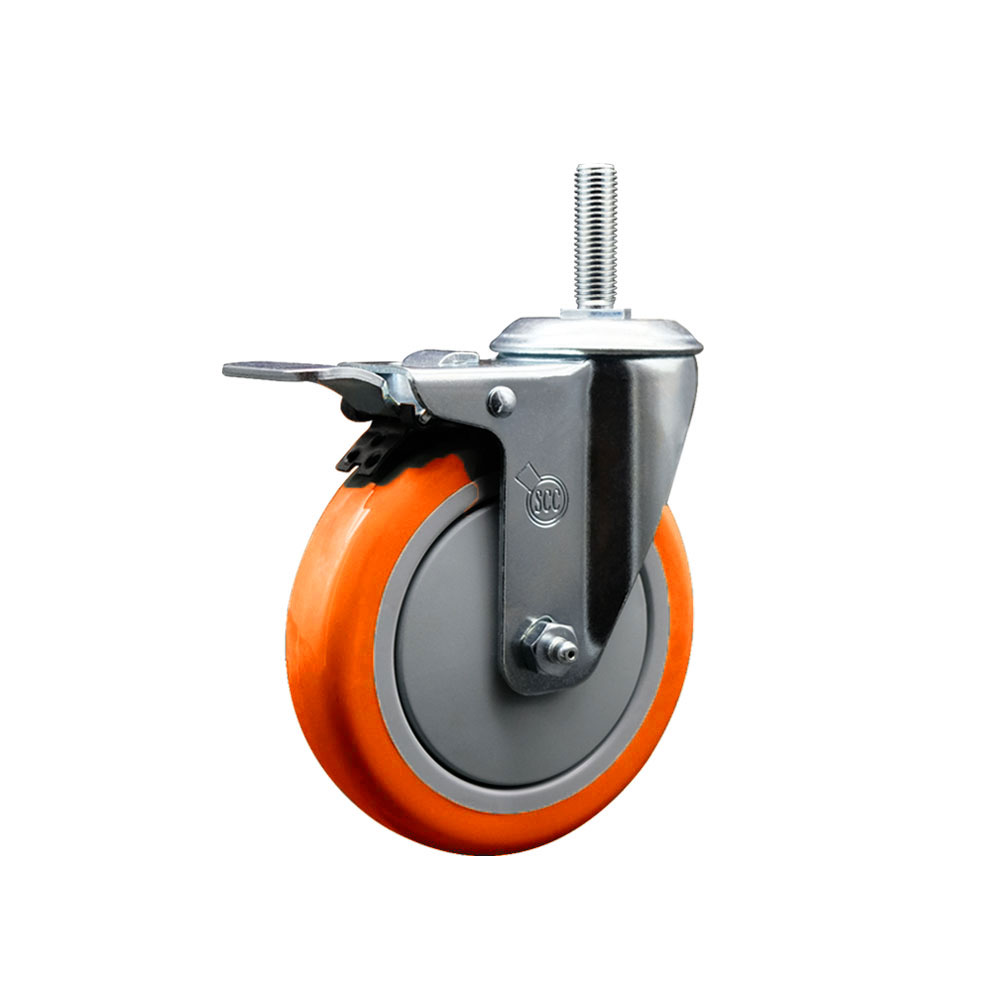 Polyurethane Swivel Threaded Stem Caster w/5" x 1.25" Orange Wheel and 3/4" Stem & Total Locking Brake - 350 lbs Capacity/Caster - Service Caster Brand — photo 1