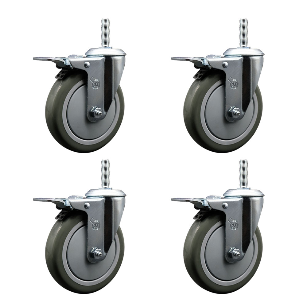 Polyurethane Swivel Threaded Stem Caster Set of 4 w/5" x 1.25" Gray Wheels and 5/8" Stems - Includes 4 with Total Lock Brakes - 1400 lbs Total Capacity - Service Caster Brand — photo 1