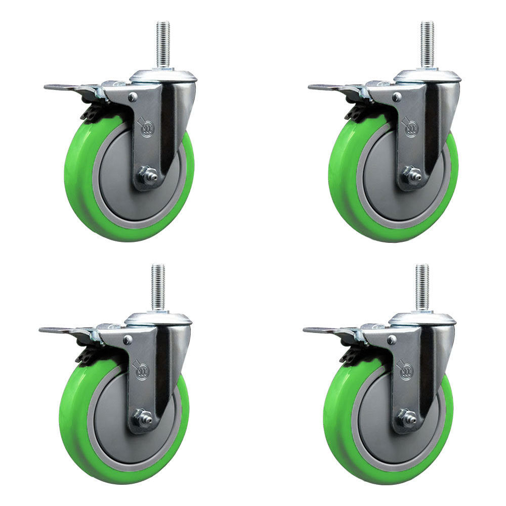 Polyurethane Swivel Threaded Stem Caster Set of 4 w/5" x 1.25" Green Wheels and 5/8" Stems - Includes 4 with Total Lock Brakes - 1400 lbs Total Capacity - Service Caster Brand — photo 1