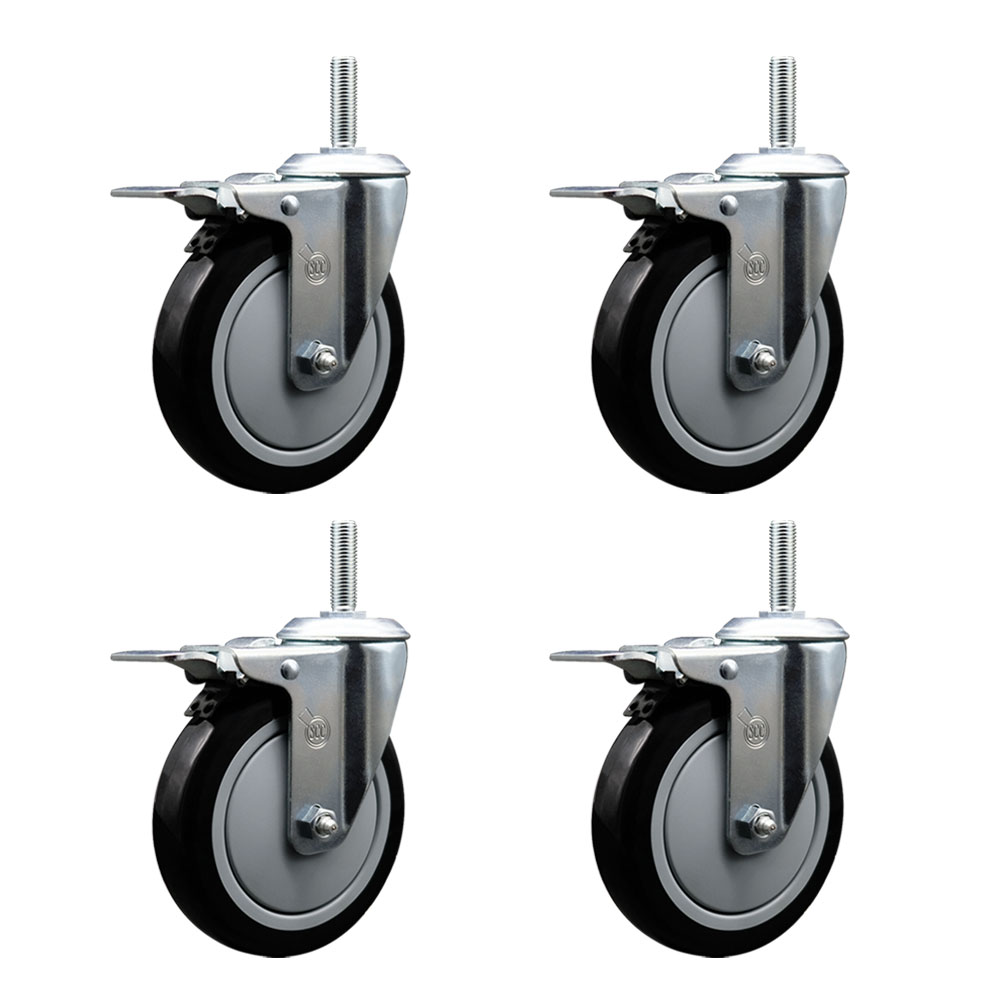 Polyurethane Swivel Threaded Stem Caster Set of 4 w/5" x 1.25" Black Wheels and 3/4" Stems - Includes 4 with Total Lock Brakes - 1400 lbs Total Capacity - Service Caster Brand — photo 1