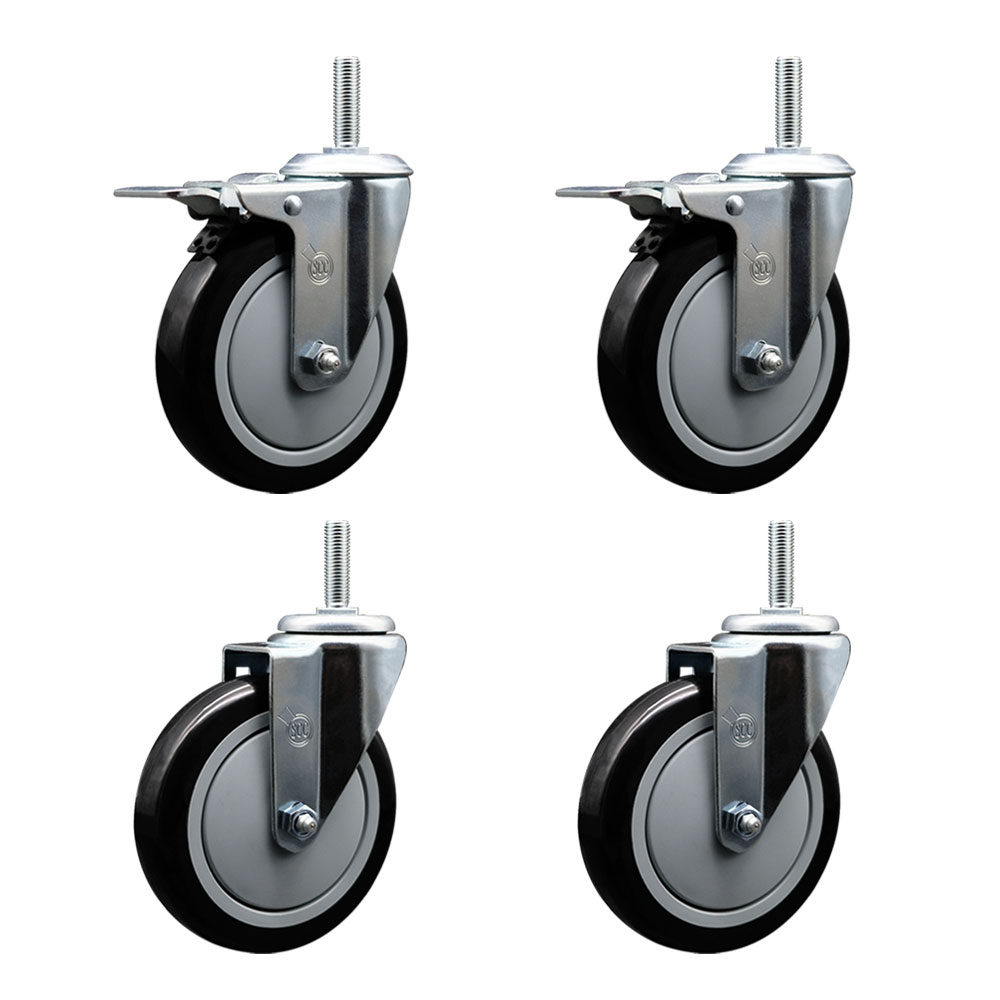 Polyurethane Swivel Threaded Stem Caster Set of 4 w/5" x 1.25" Black Wheels and 5/8" Stems - Includes 2 with Total Locking Brake - 1400 lbs Total Capacity - Service Caster Brand — photo 1
