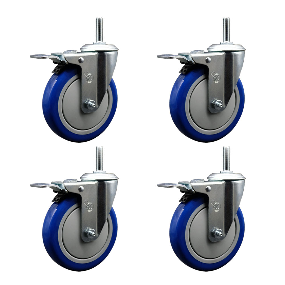 Polyurethane Swivel Threaded Stem Caster Set of 4 w/5" x 1.25" Blue Wheels and 3/4" Stems - Includes 4 with Total Lock Brakes - 1400 lbs Total Capacity - Service Caster Brand — photo 1