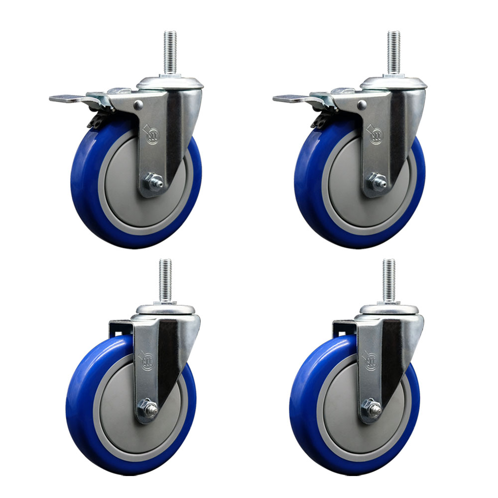 Polyurethane Swivel Threaded Stem Caster Set of 4 w/5" x 1.25" Blue Wheels and 5/8" Stems - Includes 2 with Total Locking Brake - 1400 lbs Total Capacity - Service Caster Brand — photo 1