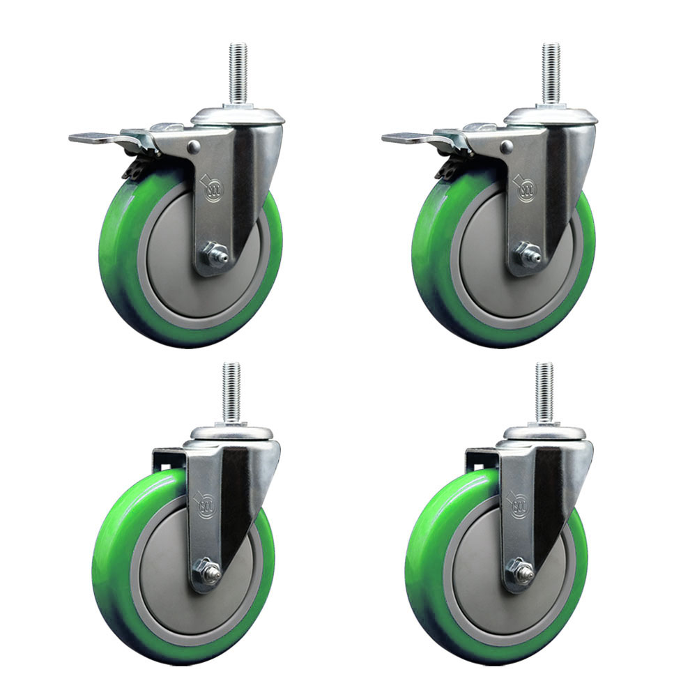 Polyurethane Swivel Threaded Stem Caster Set of 4 w/5" x 1.25" Green Wheels and 3/4" Stems - Includes 2 with Total Locking Brake - 1400 lbs Total Capacity - Service Caster Brand — photo 1