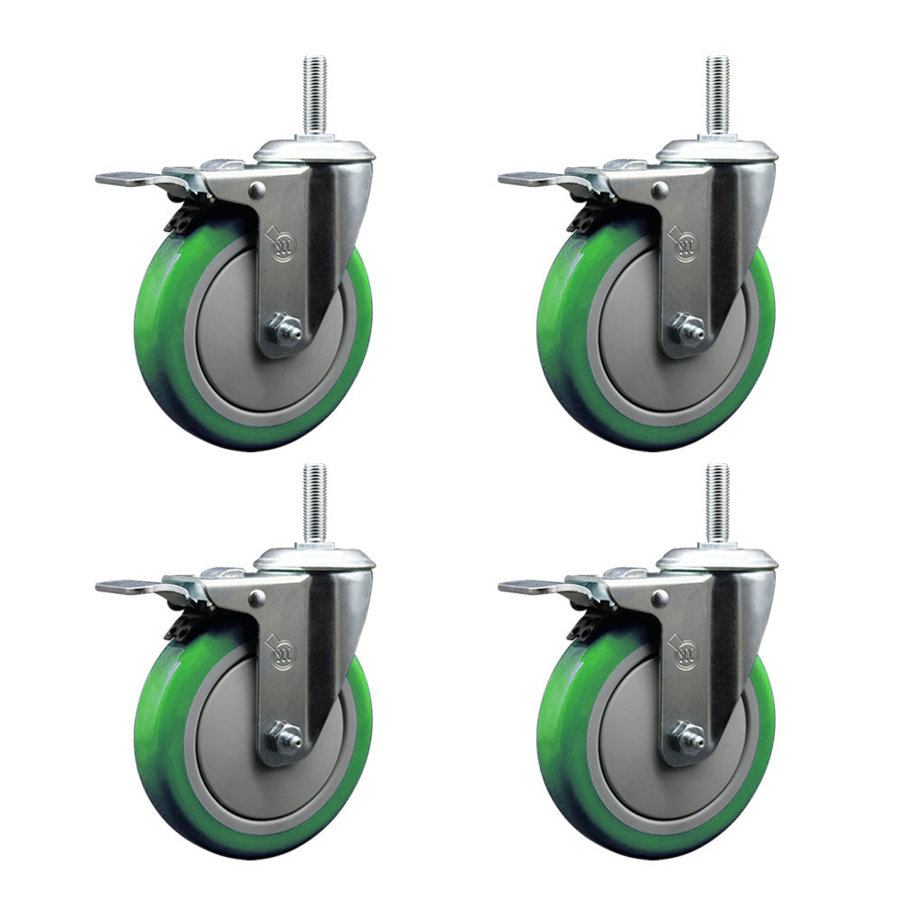 Polyurethane Swivel Threaded Stem Caster Set of 4 w/5" x 1.25" Green Wheels and 3/4" Stems - Includes 4 with Total Lock Brakes - 1400 lbs Total Capacity - Service Caster Brand — photo 1