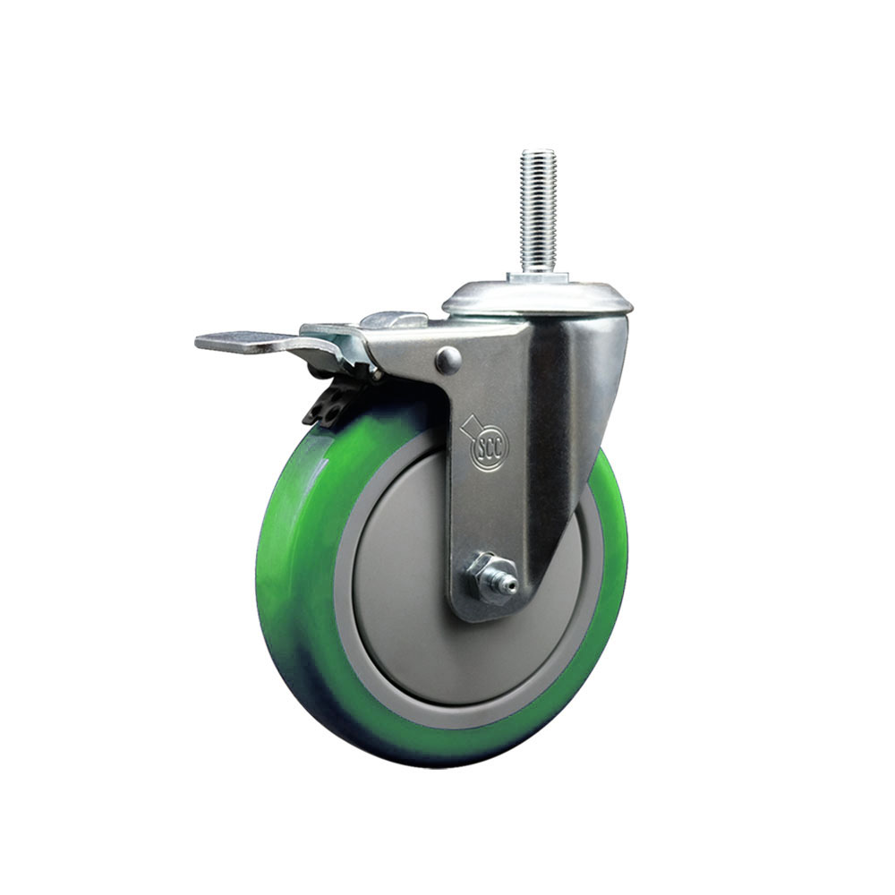 Polyurethane Swivel Threaded Stem Caster w/5" x 1.25" Green Wheel and 3/4" Stem & Total Locking Brake - 350 lbs Capacity/Caster - Service Caster Brand — photo 1