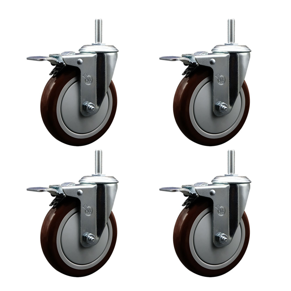 Polyurethane Swivel Threaded Stem Caster Set of 4 w/5" x 1.25" Maroon Wheels and 3/4" Stems - Includes 4 with Total Lock Brakes - 1400 lbs Total Capacity - Service Caster Brand — photo 1