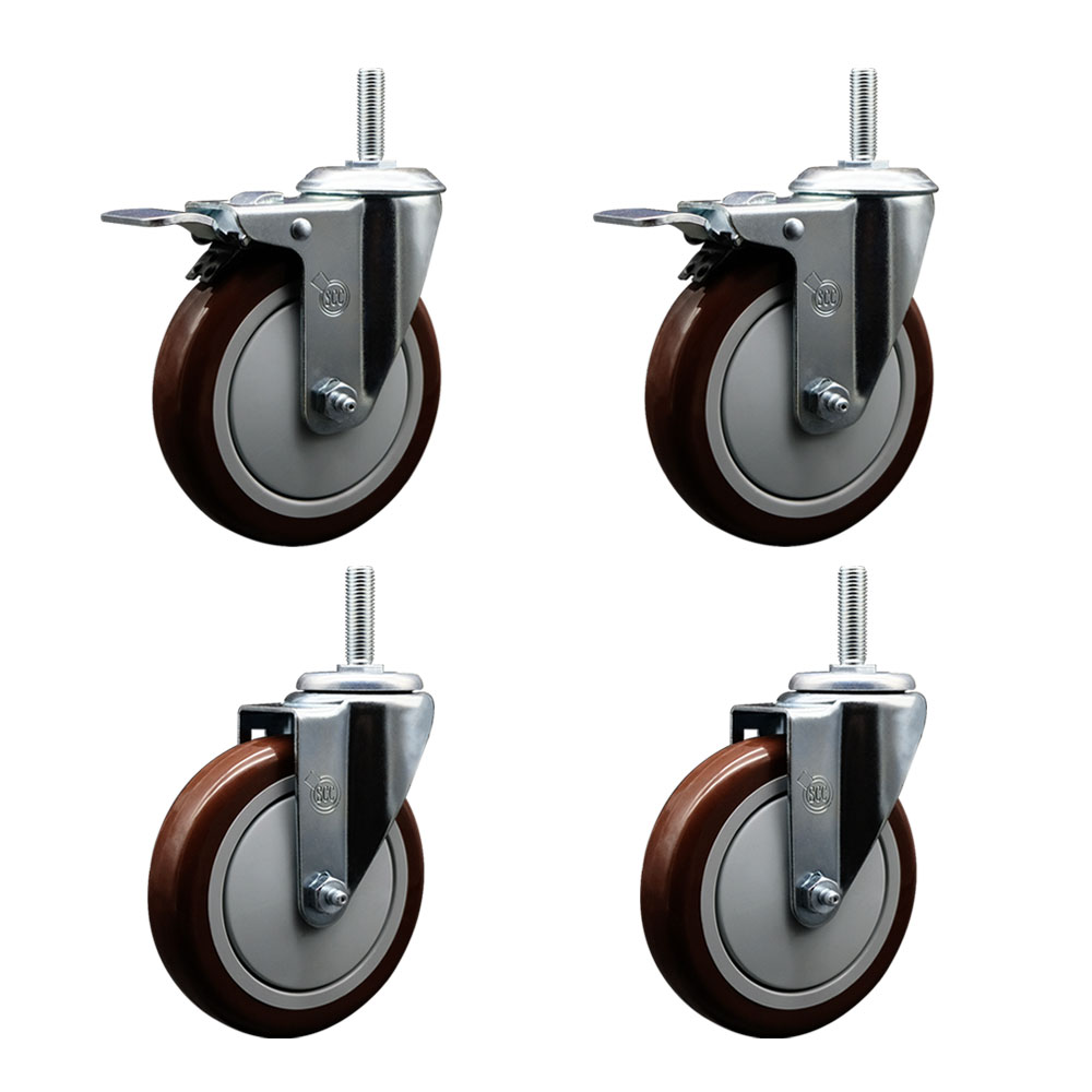 Polyurethane Swivel Threaded Stem Caster Set of 4 w/5" x 1.25" Maroon Wheels and 5/8" Stems - Includes 2 with Total Locking Brake - 1400 lbs Total Capacity - Service Caster Brand — photo 1
