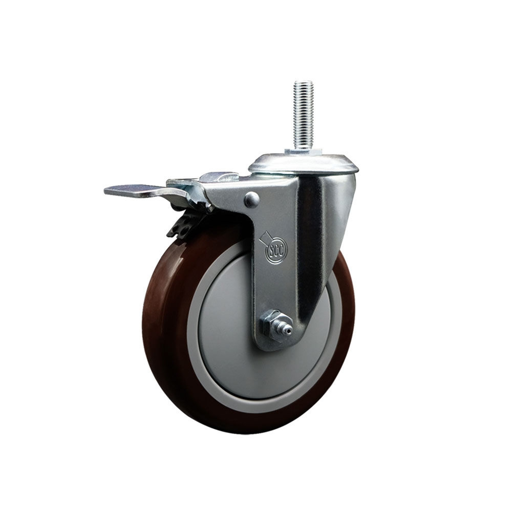 Polyurethane Swivel Threaded Stem Caster w/5" x 1.25" Maroon Wheel and 5/8" Stem & Total Locking Brake - 350 lbs Capacity/Caster - Service Caster Brand — photo 1
