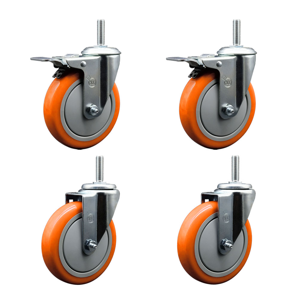 Polyurethane Swivel Threaded Stem Caster Set of 4 w/5" x 1.25" Orange Wheels and 5/8" Stems - Includes 2 with Total Locking Brake - 1400 lbs Total Capacity - Service Caster Brand — photo 1