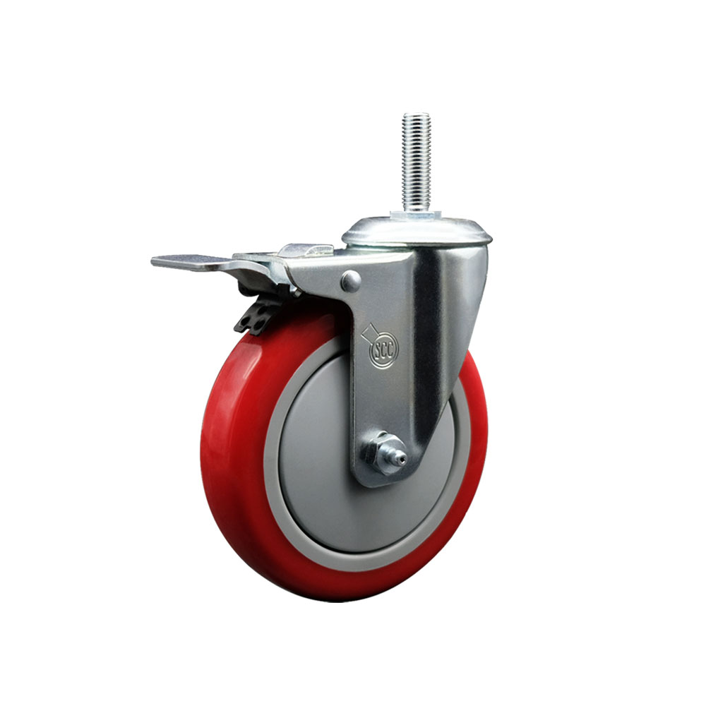 Polyurethane Swivel Threaded Stem Caster w/5" x 1.25" Red Wheel and 3/4" Stem & Total Locking Brake - 350 lbs Capacity/Caster - Service Caster Brand — photo 1