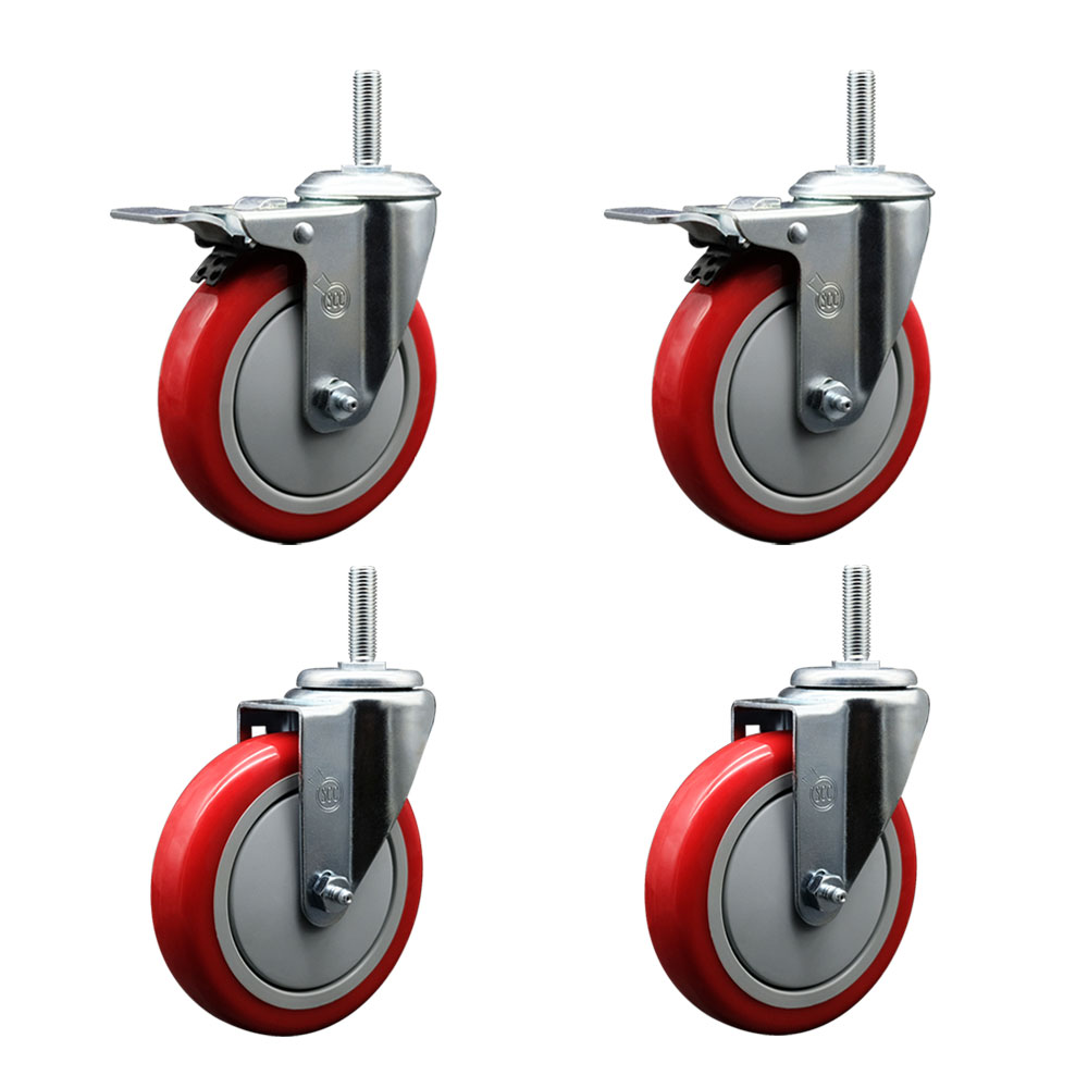 Polyurethane Swivel Threaded Stem Caster Set of 4 w/5" x 1.25" Red Wheels and 5/8" Stems - Includes 2 with Total Locking Brake - 1400 lbs Total Capacity - Service Caster Brand — photo 1