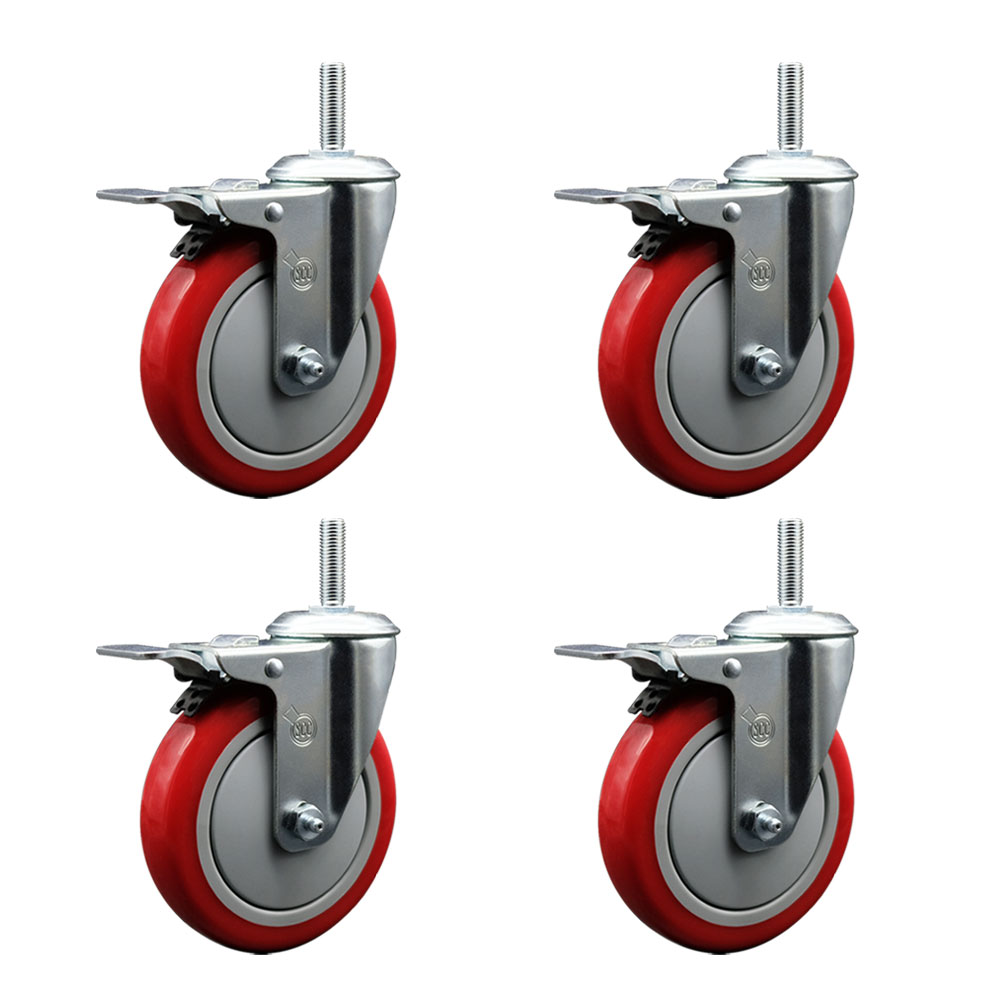 Polyurethane Swivel Threaded Stem Caster Set of 4 w/5" x 1.25" Red Wheels and 5/8" Stems - Includes 4 with Total Lock Brakes - 1400 lbs Total Capacity - Service Caster Brand — photo 1