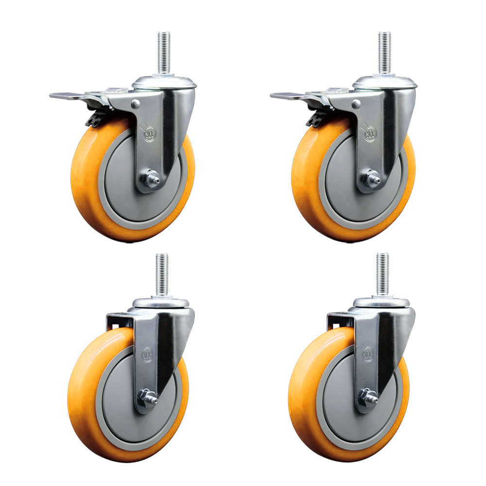 Polyurethane Swivel Threaded Stem Caster Set of 4 w/5" x 1.25" Yellow Wheels and 3/4" Stems - Includes 2 with Total Locking Brake - 1400 lbs Total Capacity - Service Caster Brand — photo 1