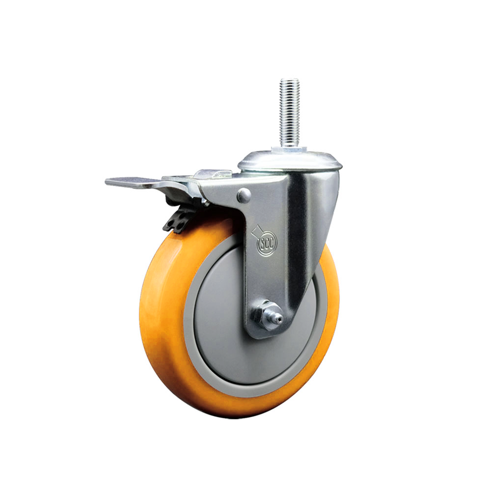 Polyurethane Swivel Threaded Stem Caster w/5" x 1.25" Yellow Wheel and 3/4" Stem & Total Locking Brake - 350 lbs Capacity/Caster - Service Caster Brand — photo 1