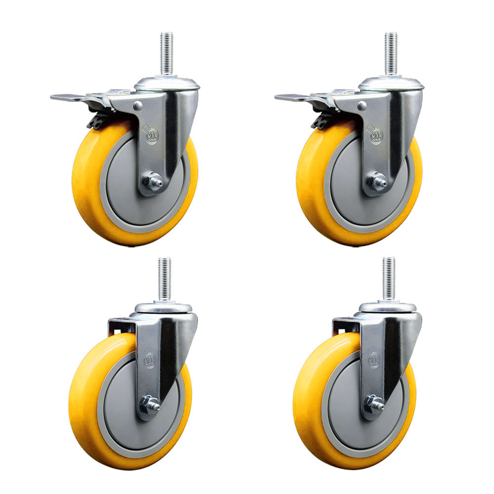 Polyurethane Swivel Threaded Stem Caster Set of 4 w/5" x 1.25" Yellow Wheels and 5/8" Stems - Includes 2 with Total Locking Brake - 1400 lbs Total Capacity - Service Caster Brand — photo 1