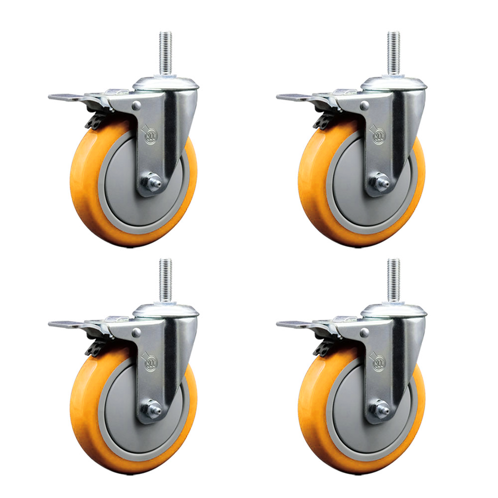 Polyurethane Swivel Threaded Stem Caster Set of 4 w/5" x 1.25" Yellow Wheels and 5/8" Stems - Includes 4 with Total Lock Brakes - 1400 lbs Total Capacity - Service Caster Brand — photo 1