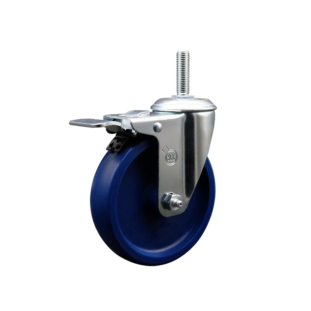 Solid Polyurethane Swivel Threaded Stem Caster w/5" x 1.25" Blue Wheel and 3/4" Stem & Total Locking Brake - 300 lbs Capacity/Caster - Service Caster Brand — photo 1