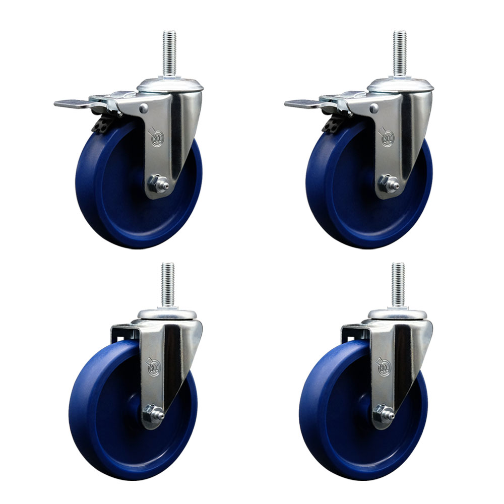 Solid Polyurethane Swivel Threaded Stem Caster Set of 4 w/5" x 1.25" Blue Wheels and 5/8" Stems - Includes 2 with Total Locking Brake - 1200 lbs Total Capacity - Service Caster Brand — photo 1