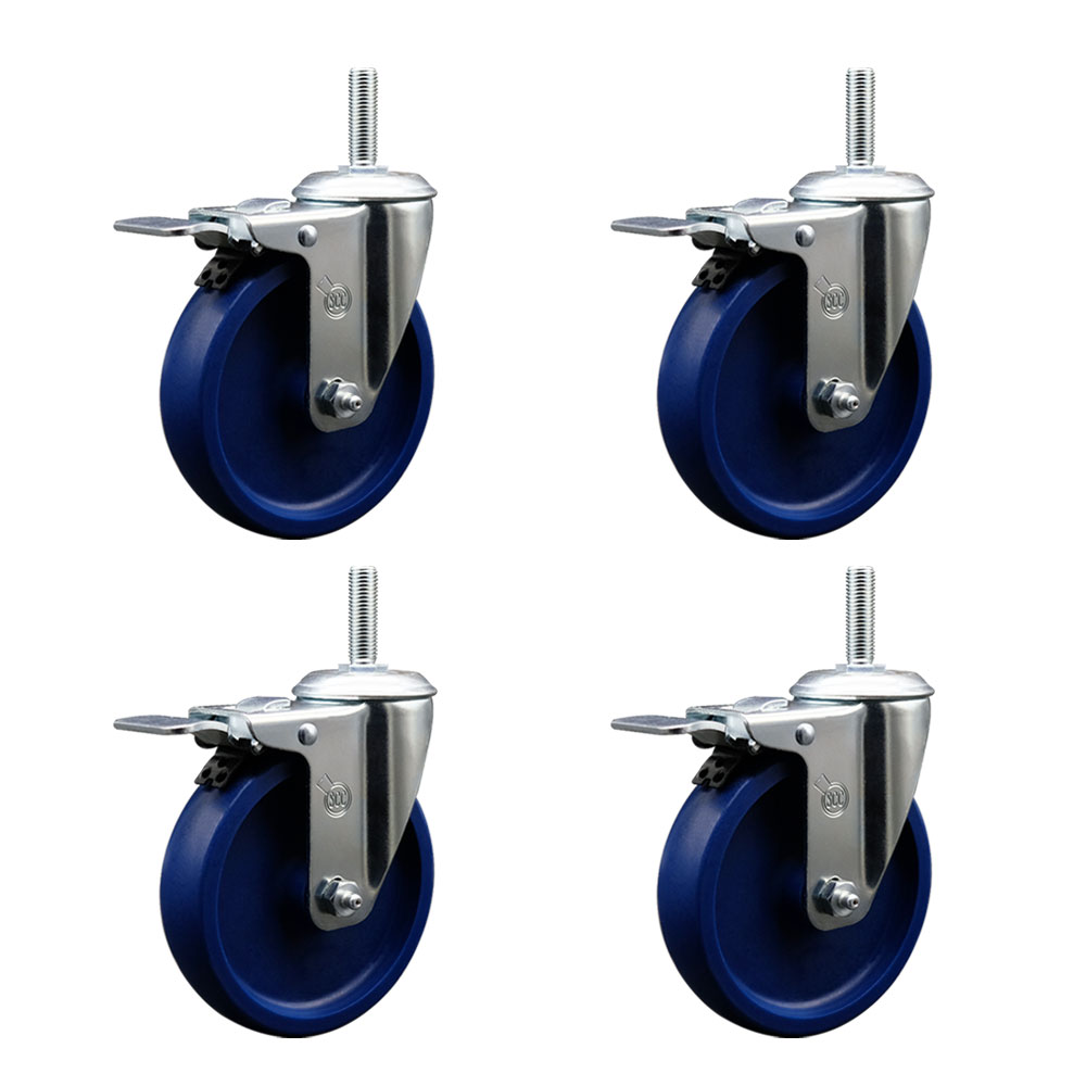 Solid Polyurethane Swivel Threaded Stem Caster Set of 4 w/5" x 1.25" Blue Wheels and 5/8" Stems - Includes 4 with Total Lock Brakes - 1200 lbs Total Capacity - Service Caster Brand — photo 1