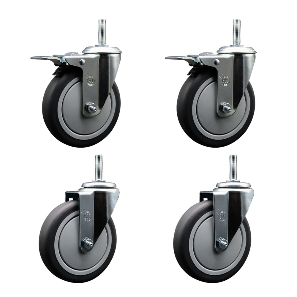 Thermoplastic Rubber Swivel Threaded Stem Caster Set of 4 - 5" x 1.25" Gray Wheels and 3/4" Stems - Includes 2 with Total Locking Brake - 1200 lbs Total Capacity - Service Caster Brand — photo 1