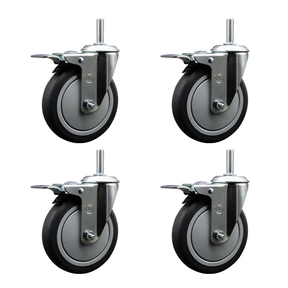 Thermoplastic Rubber Swivel Threaded Stem Caster Set of 4 w/5" x 1.25" Gray Wheels and 3/4" Stems - Includes 4 with Total Lock Brakes - 1200 lbs Total Capacity - Service Caster Brand — photo 1