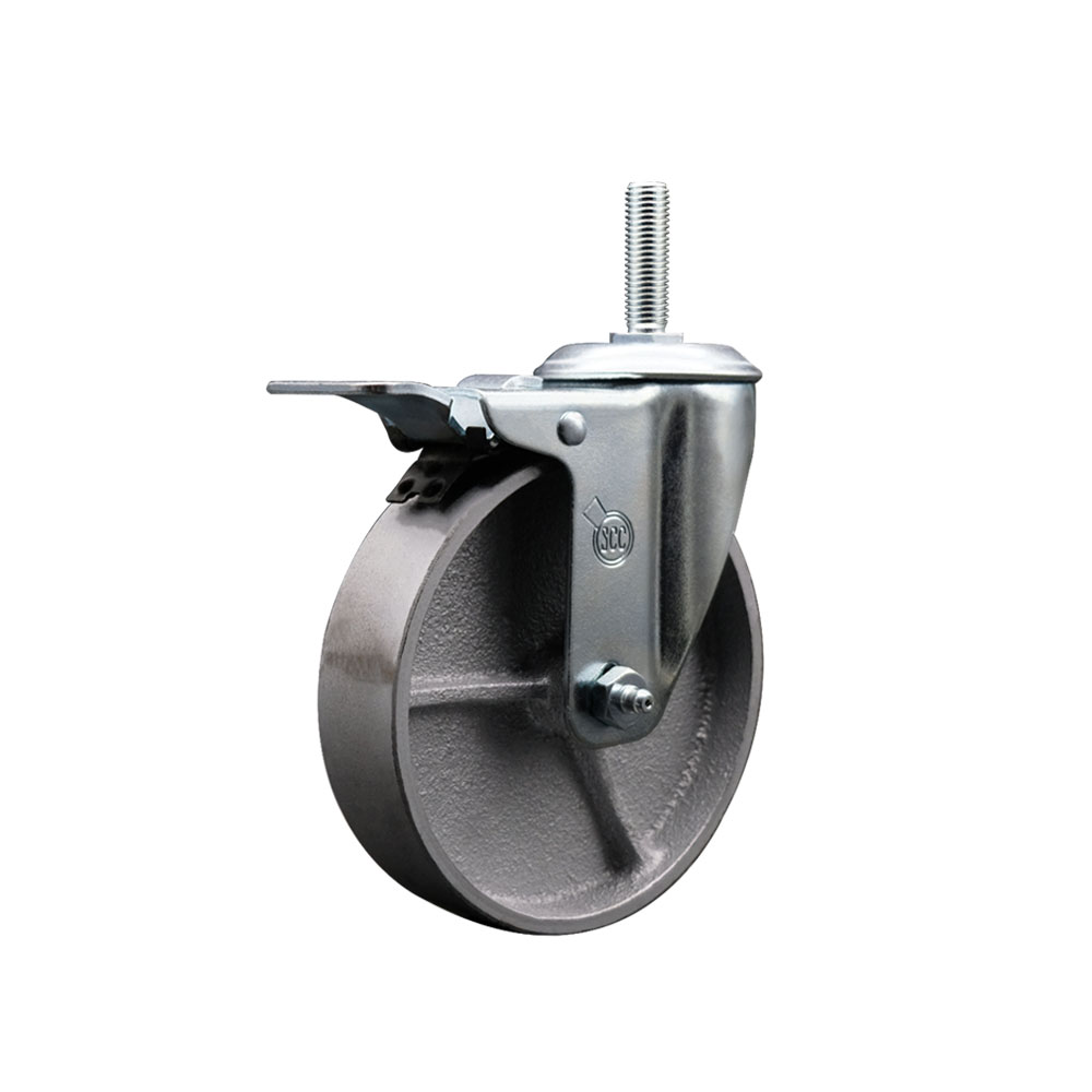 Semi Steel Cast Iron Swivel Threaded Stem Caster - 5" x 1.25" Silver Wheel and 3/4" Stem & Total Locking Brake - 300 lbs Capacity/Caster - Service Caster Brand — photo 1