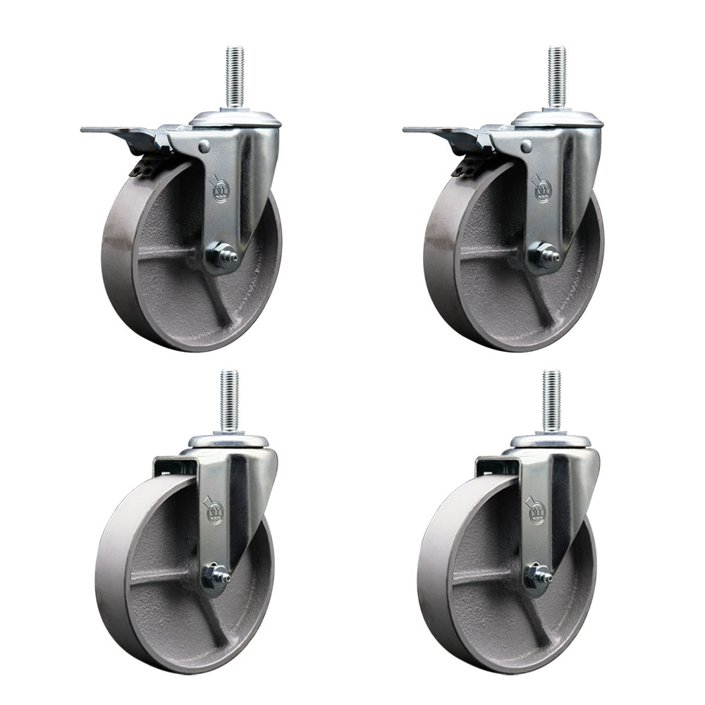 Semi Steel Cast Iron Swivel Threaded Stem Caster Set of 4 w/Roller Bearing - 5" x 1.5" Silver Wheels and 5/8" Stems - Includes 2 with Total Locking Brake - 1200 lbs Total Capacity-Service Caster Brand — photo 1