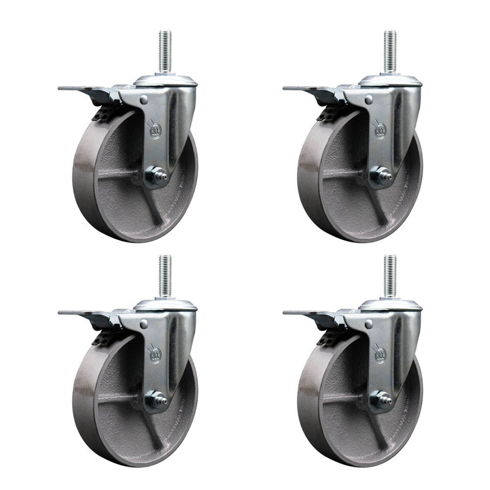 Semi Steel Cast Iron Swivel Threaded Stem Caster Set of 4 w/5" x 1.25" Silver Wheels and 5/8" Stems - Includes 4 with Total Lock Brakes - 1200 lbs Total Capacity - Service Caster Brand — photo 1