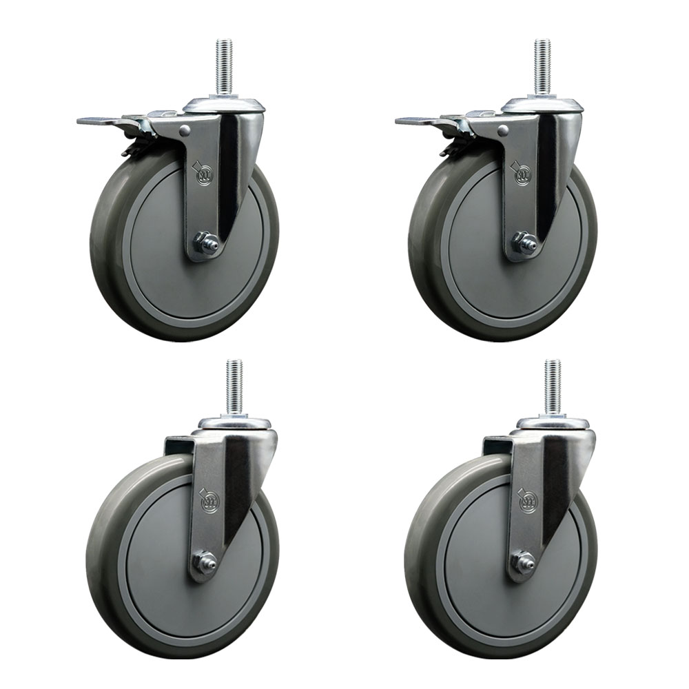Polyurethane Swivel Threaded Stem Caster Set of 4 w/6" x 1.25" Gray Wheels and 3/4" Stems - Includes 2 with Total Locking Brake - 1400 lbs Total Capacity - Service Caster Brand — photo 1