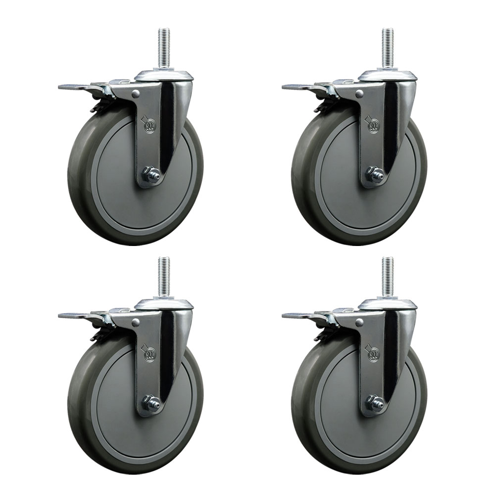 Polyurethane Swivel Threaded Stem Caster Set of 4 w/6" x 1.25" Gray Wheels and 5/8" Stems - Includes 4 with Total Lock Brakes - 1400 lbs Total Capacity - Service Caster Brand — photo 1