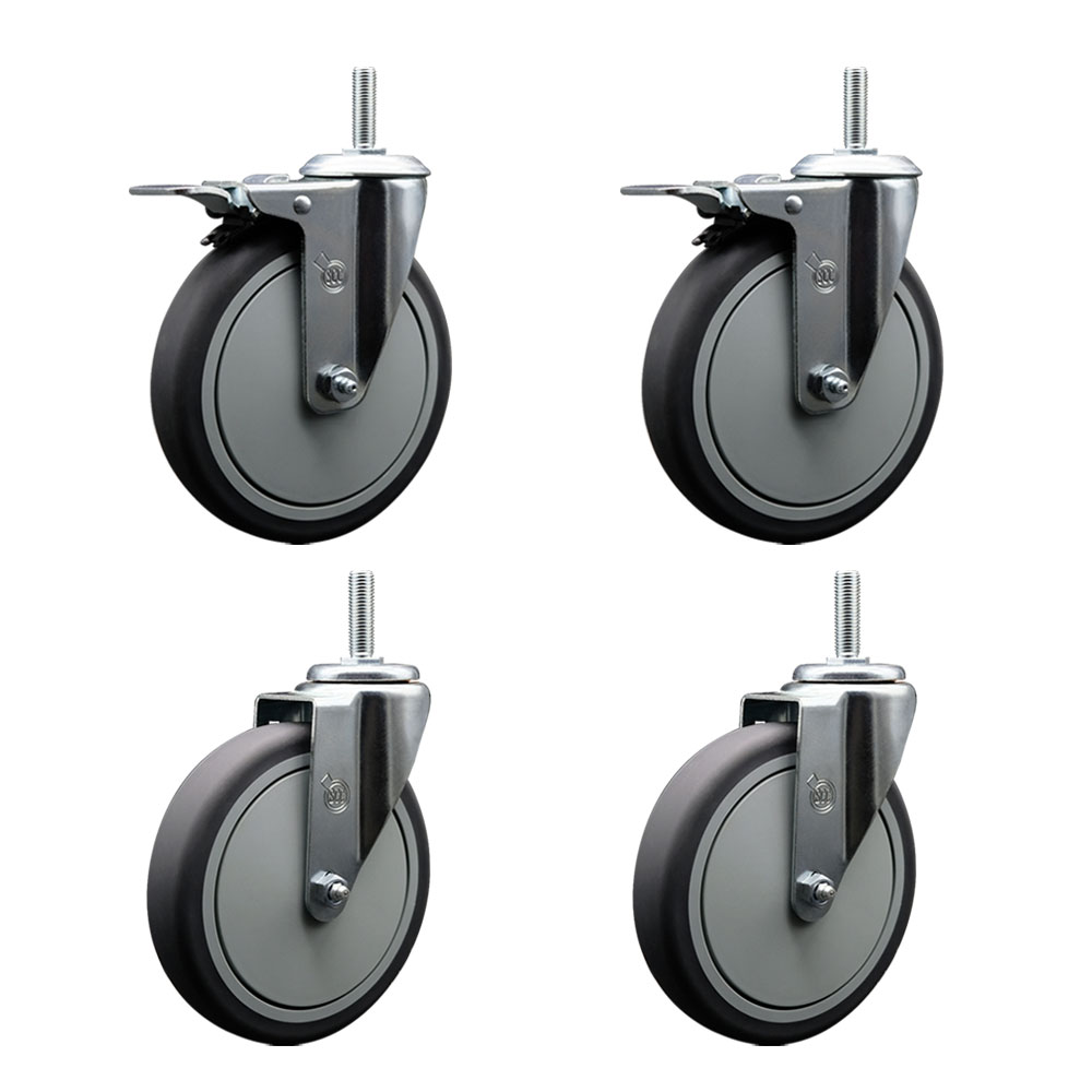 Thermoplastic Rubber Swivel Threaded Stem Caster Set of 4 - 6" x 1.25" Gray Wheels and 3/4" Stems - Includes 2 with Total Locking Brake - 1200 lbs Total Capacity - Service Caster Brand — photo 1