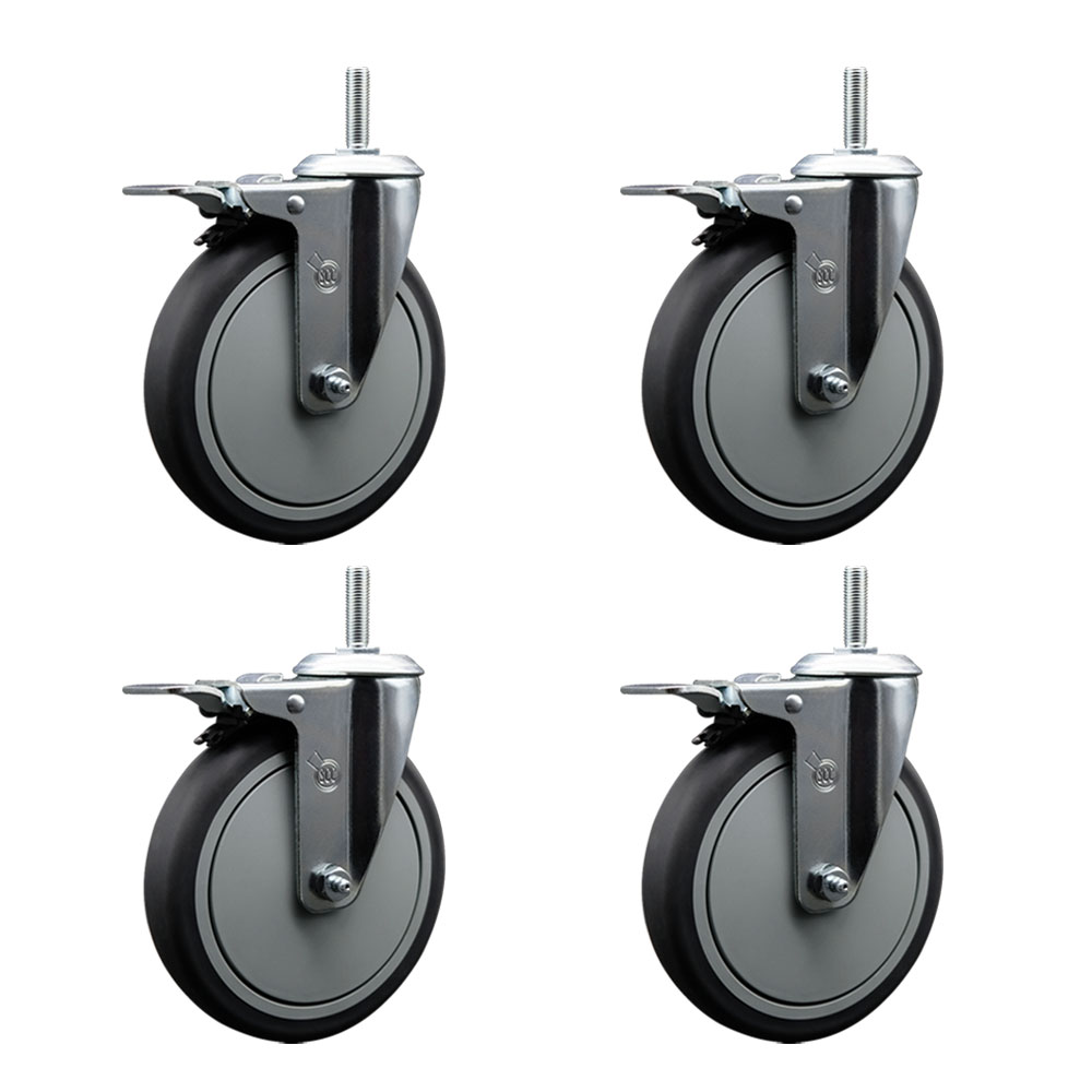 Thermoplastic Rubber Swivel Threaded Stem Caster Set of 4 w/6" x 1.25" Gray Wheels and 5/8" Stems - Includes 4 with Total Lock Brakes - 1200 lbs Total Capacity - Service Caster Brand — photo 1