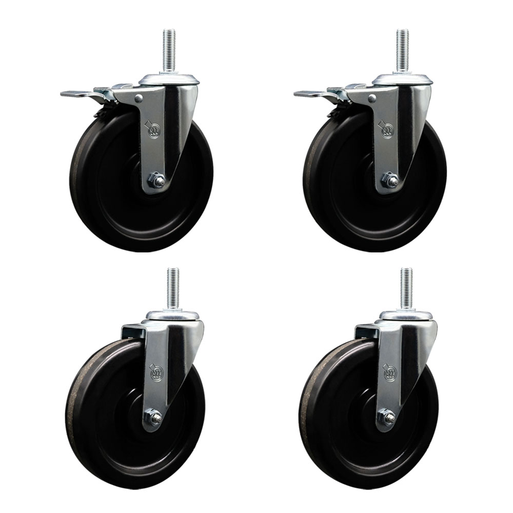 Phenolic Swivel Threaded Stem Caster Set of 4 w/6" x 1.25" Black Wheels and 5/8" Stems - Includes 2 with Total Locking Brake - 1200 lbs Total Capacity - Service Caster Brand — photo 1