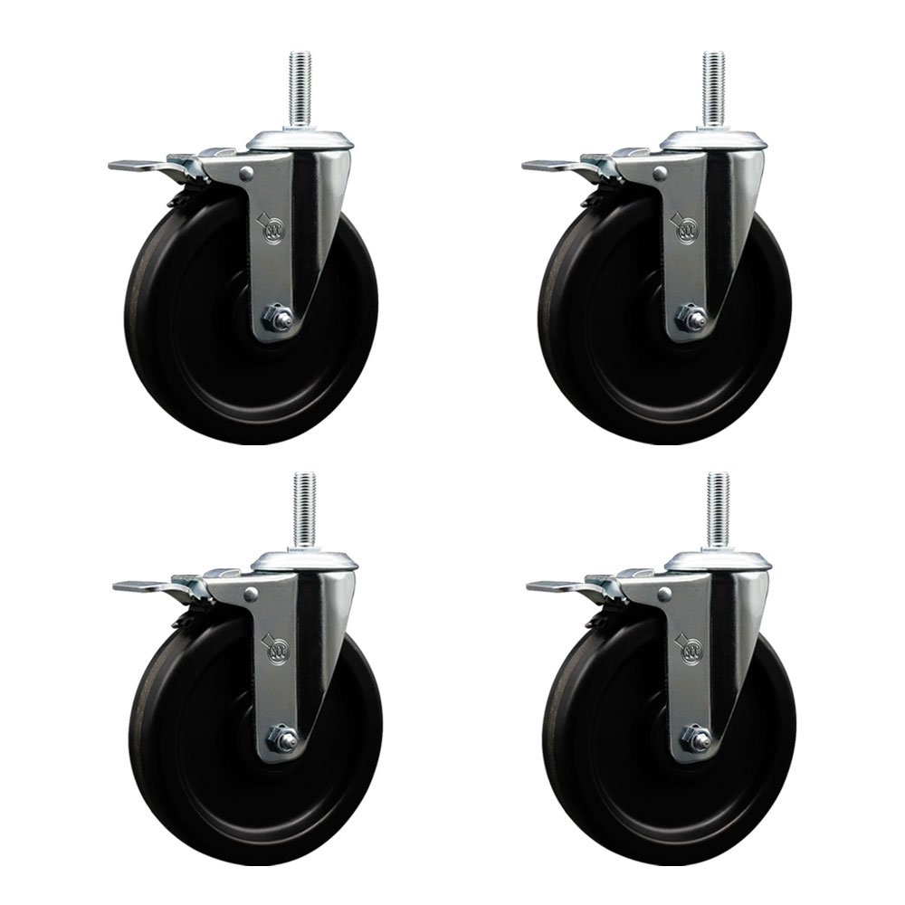 Phenolic Swivel Threaded Stem Caster Set of 4 w/6" x 1.25" Black Wheels and 5/8" Stems - Includes 4 with Total Lock Brakes - 1200 lbs Total Capacity - Service Caster Brand — photo 1