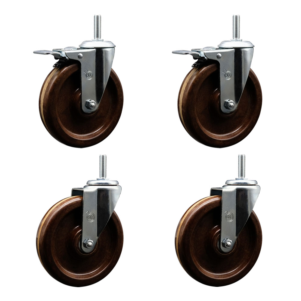 High Temp Phenolic Swivel Threaded Stem Caster Set of 4 w/6" x 1.25" Brown Wheels and 3/4" Stems - Includes 2 with Total Locking Brake - 1200 lbs Total Capacity - Service Caster Brand — photo 1