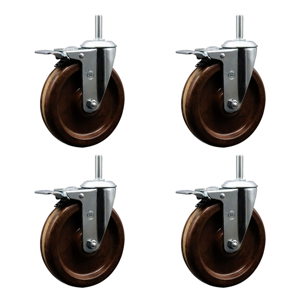 High Temp Phenolic Swivel Threaded Stem Caster Set of 4 w/6" x 1.5" Brown Wheels and 5/8" Stems - Includes 4 with Total Lock Brakes - 1200 lbs Total Capacity - Service Caster Brand — photo 1