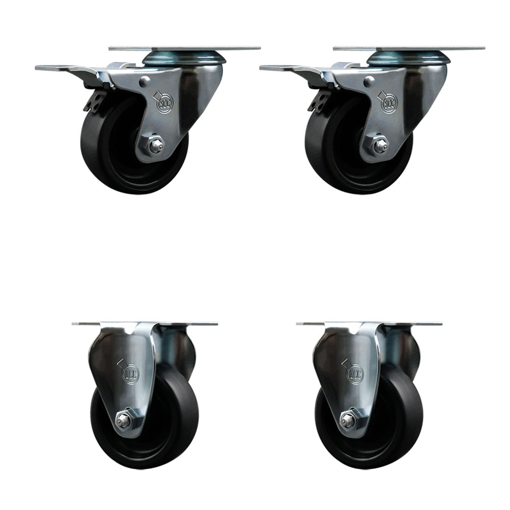Polyolefin Swivel Top Plate Caster Wheels Set of 4 with 3 Inch Black Wheels - Includes 2 Swivel with Total Lock Brakes and 2 Rigid - 1200 lbs. Total Capacity - Service Caster Brand — photo 1