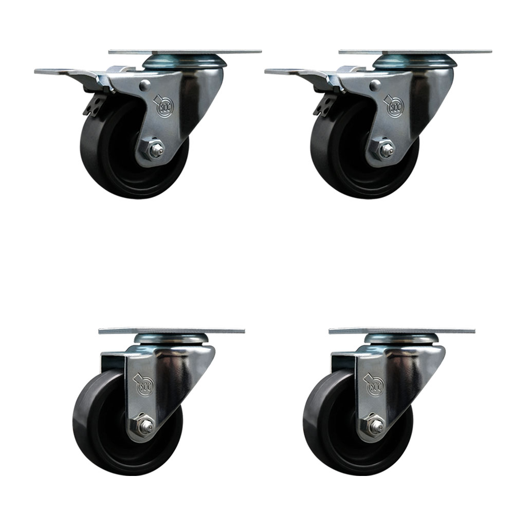 Polyolefin Swivel Top Plate Caster Wheels Set of 4 with 3 Inch Black Wheels - Includes 2 Swivel with Total Lock Brakes and 2 Swivel - 1200 lbs. Total Capacity - Service Caster Brand — photo 1