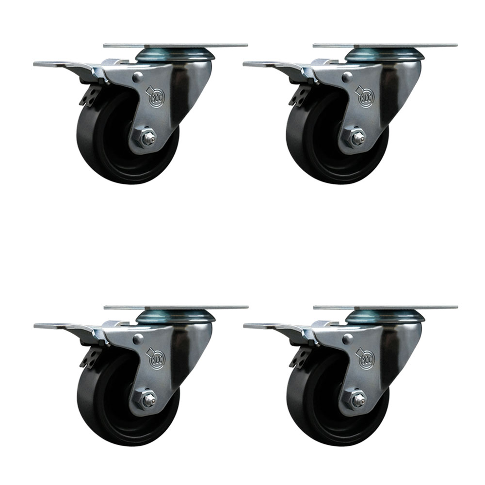 Polyolefin Swivel Top Plate Caster Wheels Set of 4 with 3 Inch Black Wheels - Includes 4 Swivel with Total Lock Brakes - 1200 lbs. Total Capacity - Service Caster Brand — photo 1