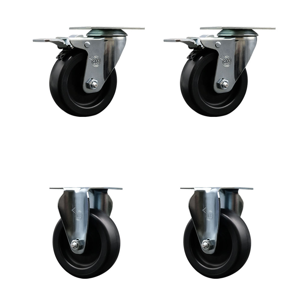 Polyolefin Swivel Top Plate Caster Wheels Set of 4 with 4 Inch Black Wheels - Includes 2 Swivel with Total Lock Brakes and 2 Rigid - 1400 lbs. Total Capacity - Service Caster Brand — photo 1