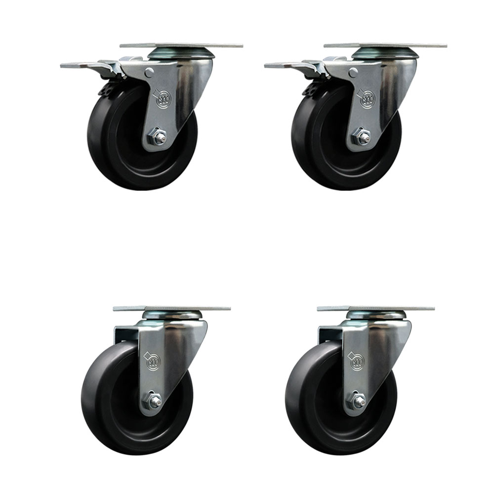 Polyolefin Swivel Top Plate Caster Wheels Set of 4 with 4 Inch Black Wheels - Includes 2 Swivel with Total Lock Brakes and 2 Swivel - 1400 lbs. Total Capacity - Service Caster Brand — photo 1