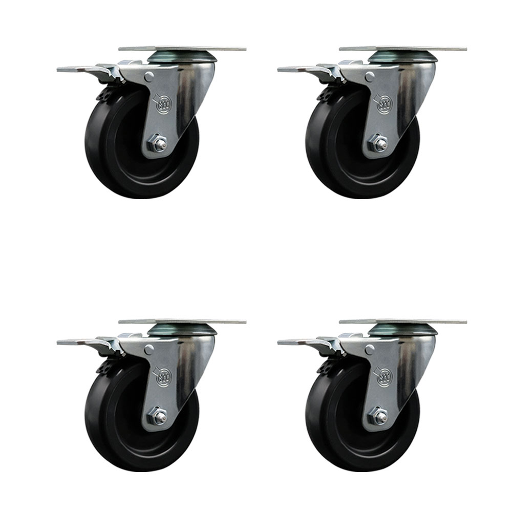 Polyolefin Swivel Top Plate Caster Wheels Set of 4 with 4 Inch Black Wheels - Includes 4 Swivel with Total Lock Brakes - 1400 lbs. Total Capacity - Service Caster Brand — photo 1