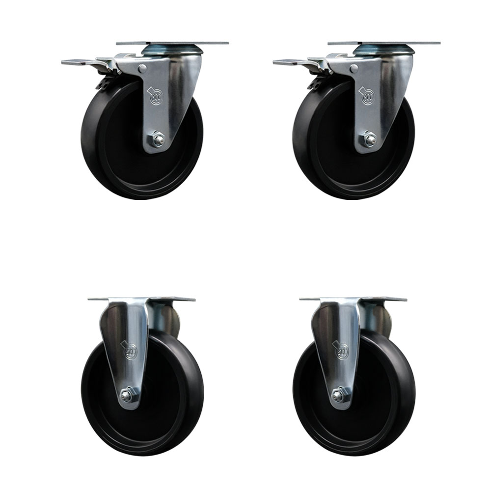 Polyolefin Swivel Top Plate Caster Wheels Set of 4 with 5 Inch Black Wheels - Includes 2 Swivel with Total Lock Brakes and 2 Rigid - 1400 lbs. Total Capacity - Service Caster Brand — photo 1