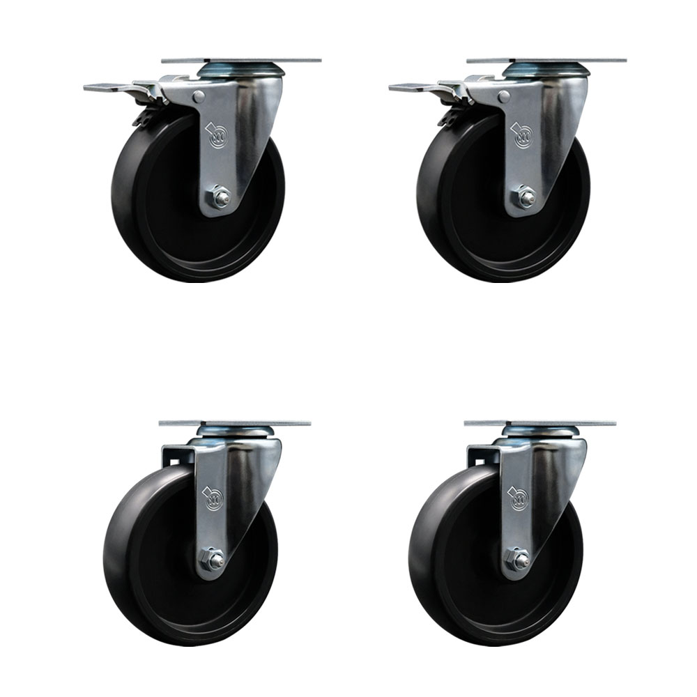Polyolefin Swivel Top Plate Caster Wheels Set of 4 with 5 Inch Black Wheels - Includes 2 Swivel with Total Lock Brakes and 2 Swivel - 1400 lbs. Total Capacity - Service Caster Brand — photo 1