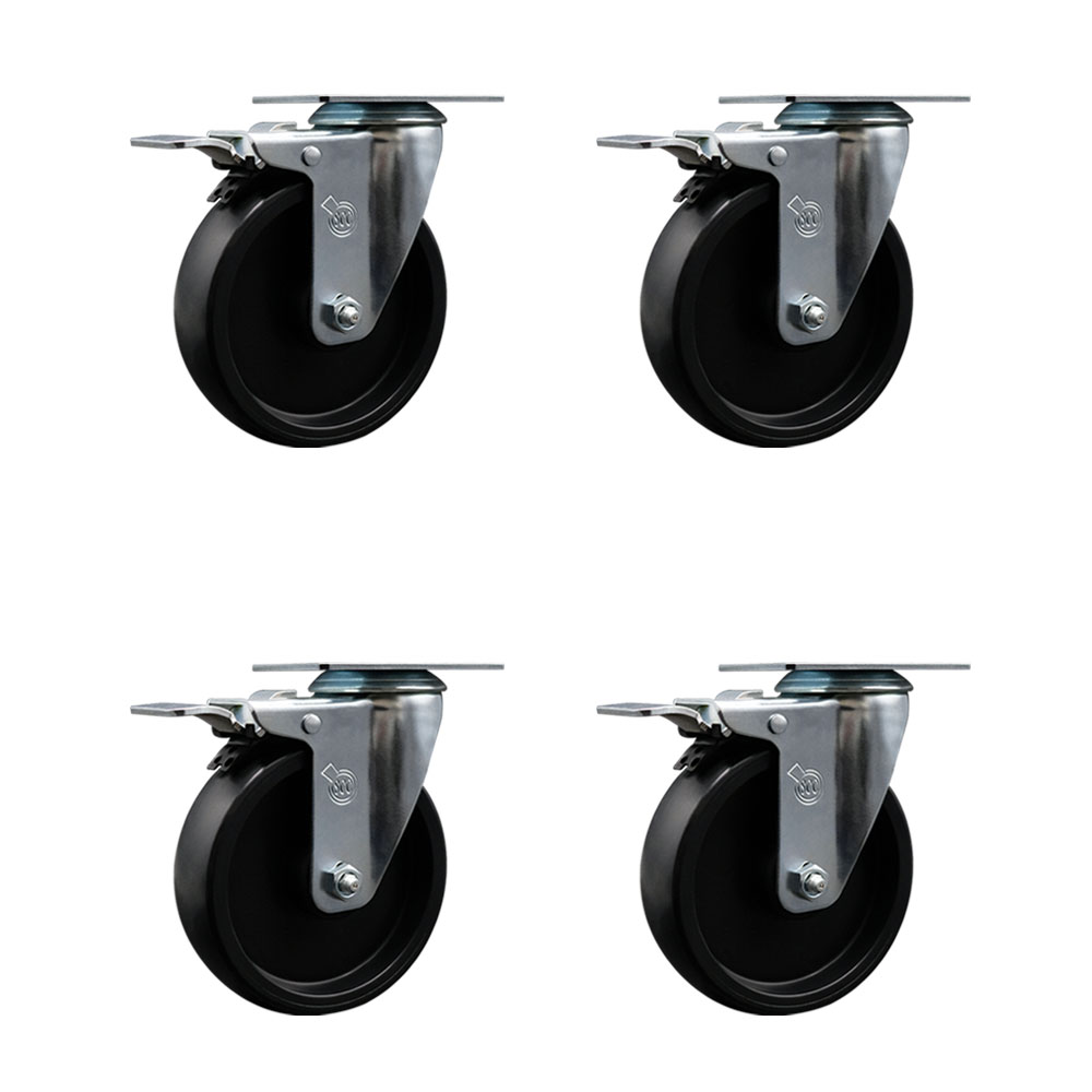Polyolefin Swivel Top Plate Caster Wheels Set of 4 with 5 Inch Black Wheels - Includes 4 Swivel with Total Lock Brakes - 1400 lbs. Total Capacity - Service Caster Brand — photo 1