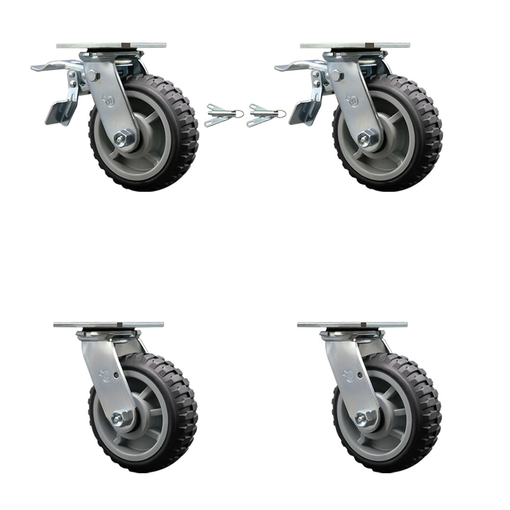 Heavy Duty Swivel Caster Set of 4 with 6 Inch MudderTuffer Thermoplastic Wheels and Ball Bearings -Includes 2 Swivel with Total Lock Brakes and 2 Swivel with Bolt on Swivel Locks- Service Caster Brand — photo 1