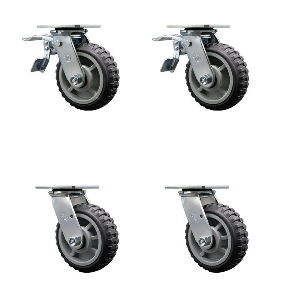 Heavy Duty Swivel Caster Set of 4 with 6 Inch MudderTuffer Thermoplastic Rubber Wheels and Ball Bearings - Includes 2 Swivel with Total Lock Brakes and 2 Swivel - Service Caster Brand — photo 1